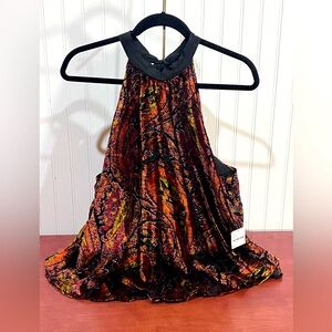 NWT Free People Velvet Printed Paisley Top Boho Mock Neck Burgundy Size Medium.